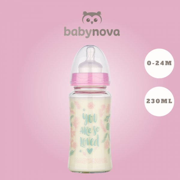Baby Nova - მინის განიერ ყელიანი ბოთლი სილიკონის საწოვარით - 230 მლ ვარდისფერი  (კოდი: 44240)